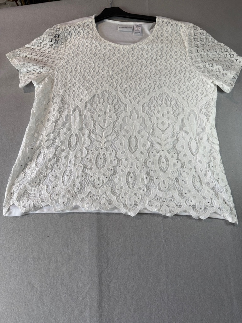 Alfred Dunner Top Women’s Short Sleeve White Embellished Lace Front Xl